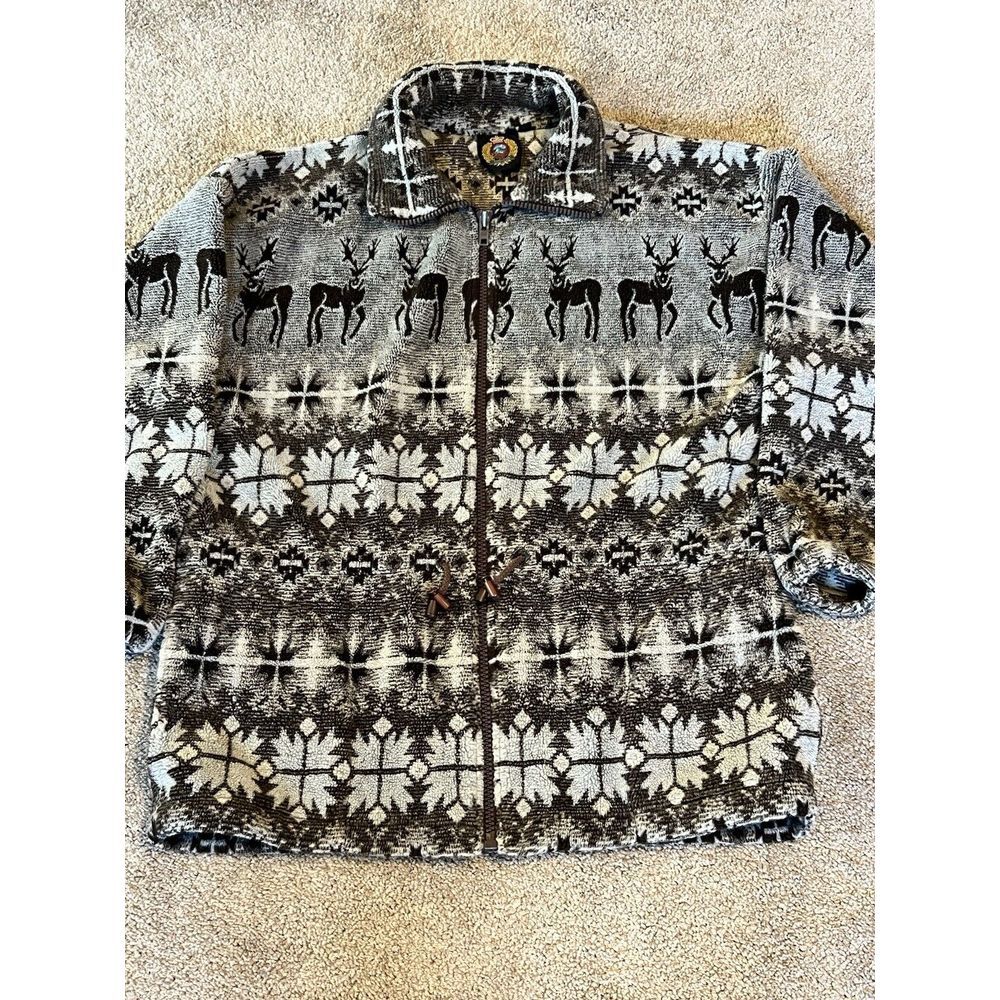VTG Sunbuster Fleece Jacket Womens Pull string Waist Brown Deer Fair Isle Large